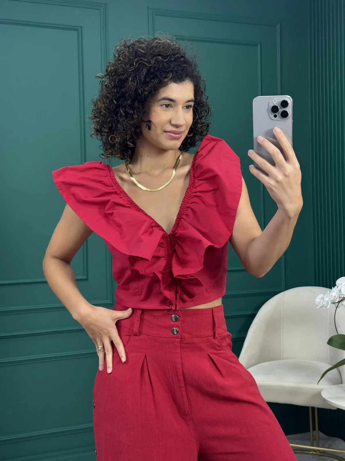 Cropped Vermelho em Algodão com Babados sem Bojo - Iorane