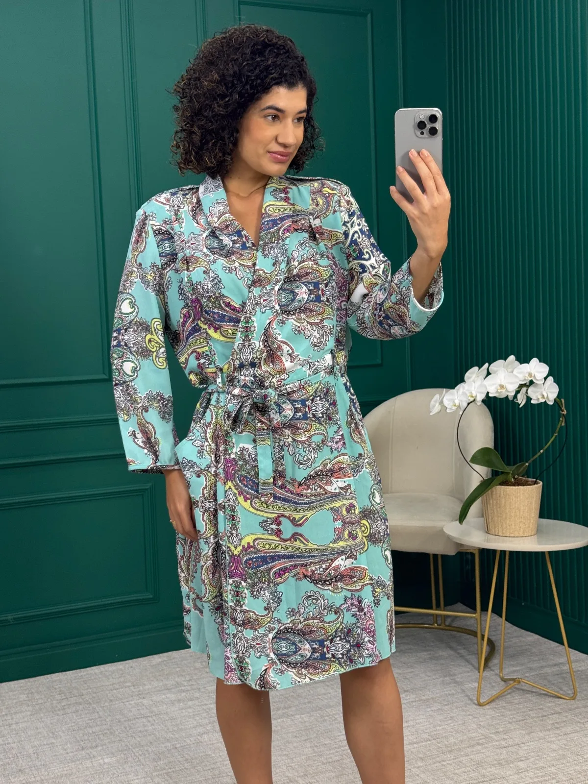 Vestido Manga Longa Paisley Turquesa 100% Poliéster - Le Lis Blanc