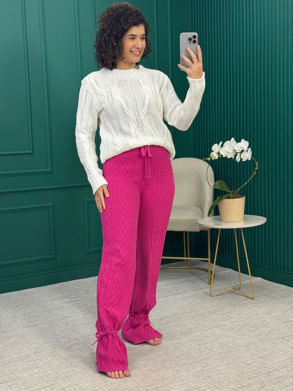 Calça em Tricô Rosa com Cós Alto e Amarração na Perna - Egoiste