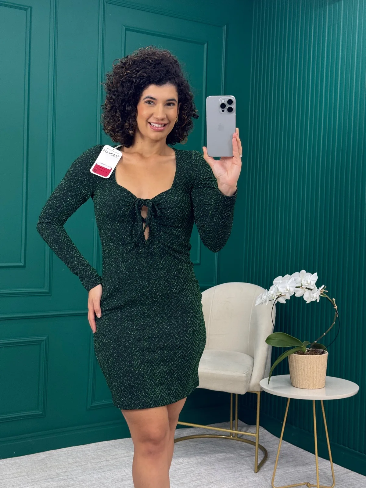 Vestido Verde Lurex Manga Longa Curto - Serinah