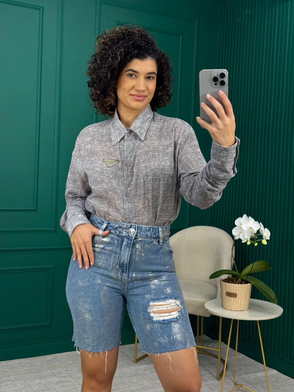 Bermuda Jeans Rasgada Prateada 100% Algodão - Blitz