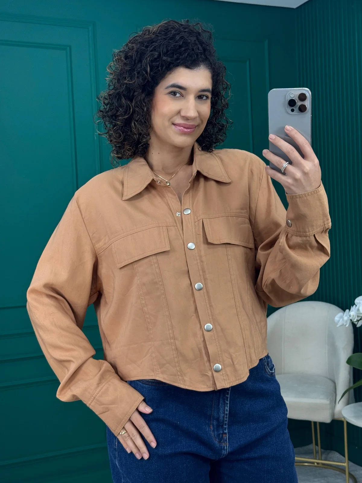 Jaqueta Leve Caramelo em Viscose e Poliéster com Botões de Pressão - DRESS 7
