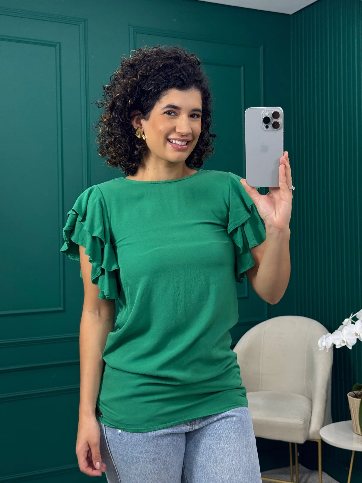 Blusa Verde em Viscose com Babados - Colcci