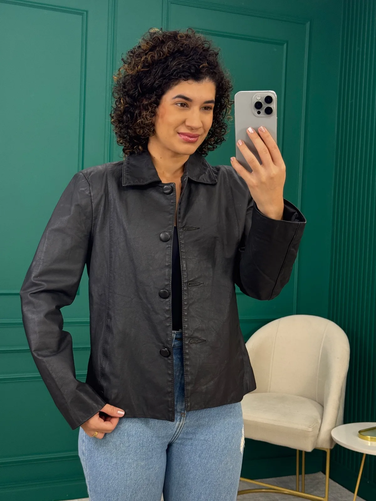 Jaqueta de Couro Preta com Botões e Forro - Farbene Couro Fashion