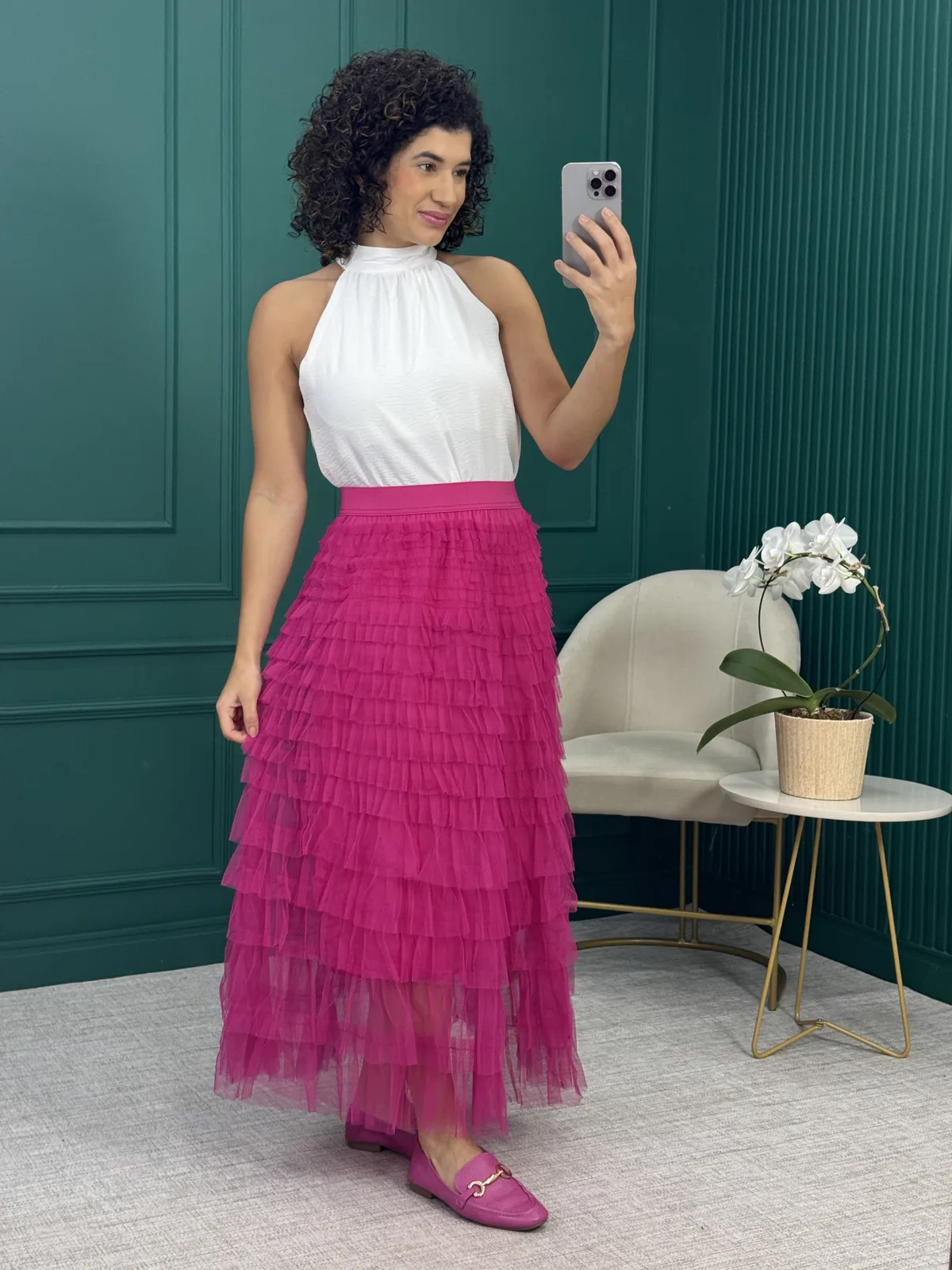 Saia Longuete Rosa Pink em Tule com Camadas e Cós de Elástico