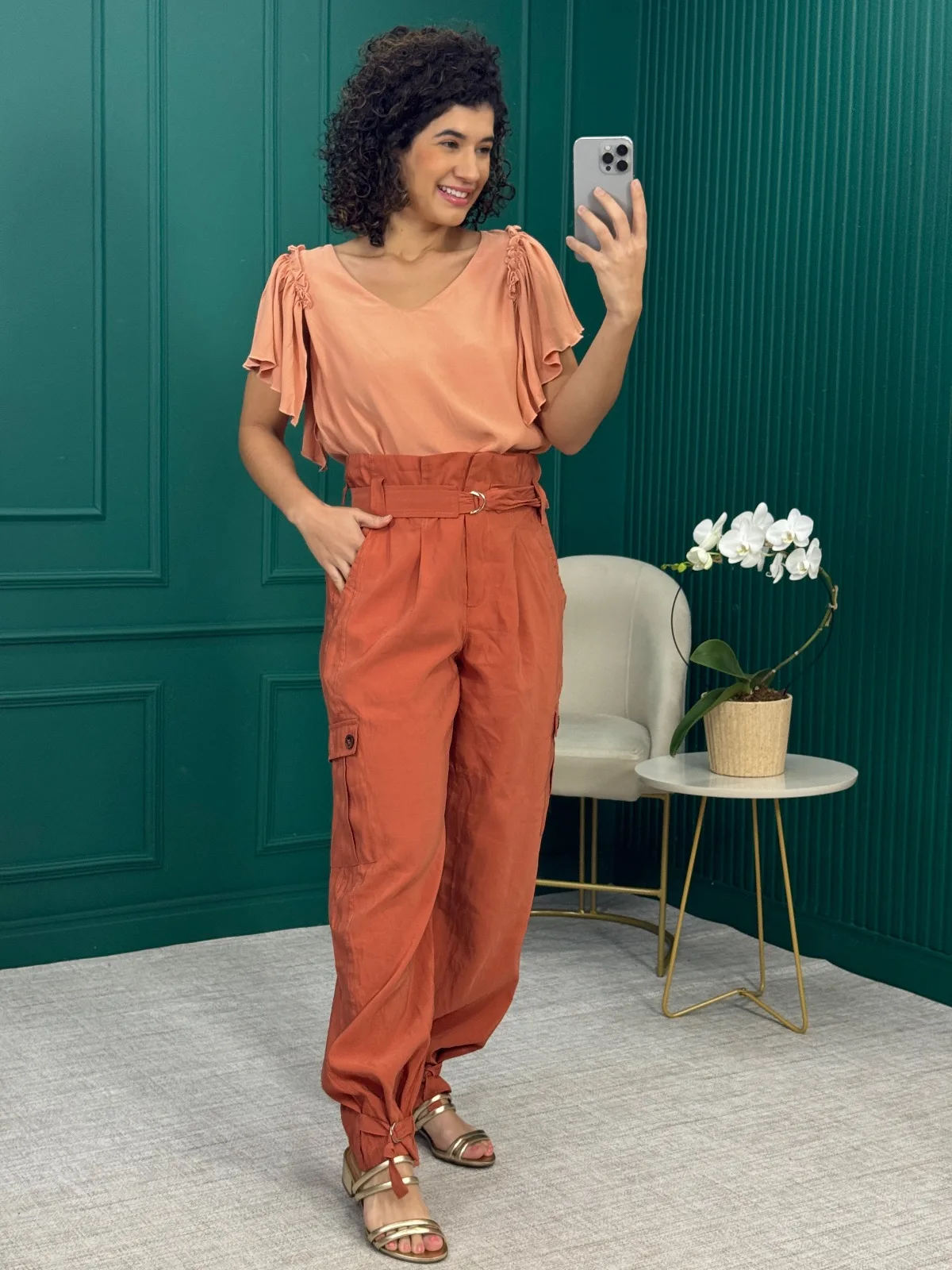 Calça Cargo Terracota com Fechamento Interno e Cinto - Luzia Fazzolli