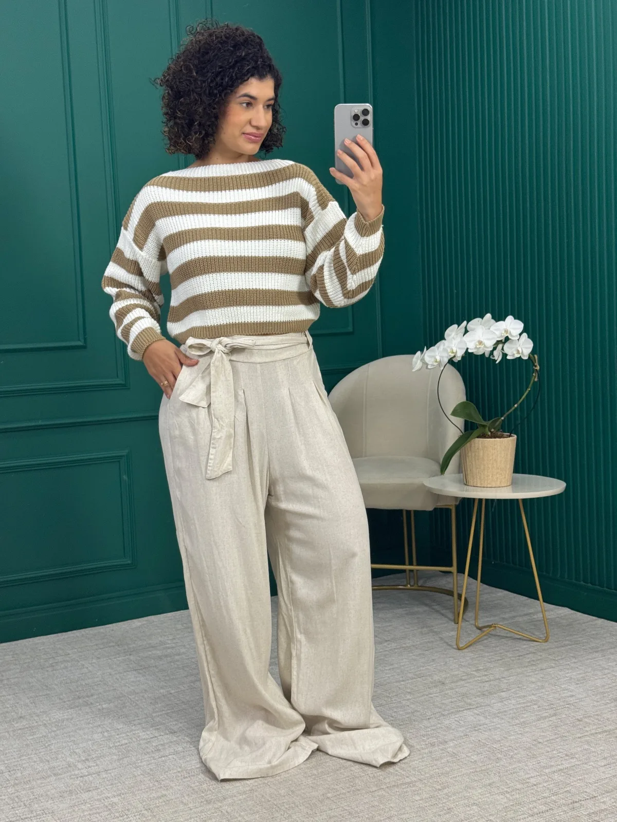 Calça Pantalona Cru Texturizada com Cinto - Mefosa
