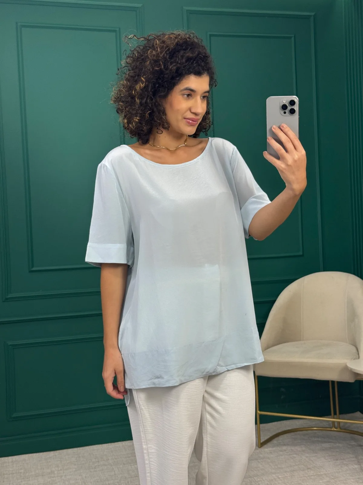 Blusa Mullet Azul Clara 100% Seda - Cori Collection