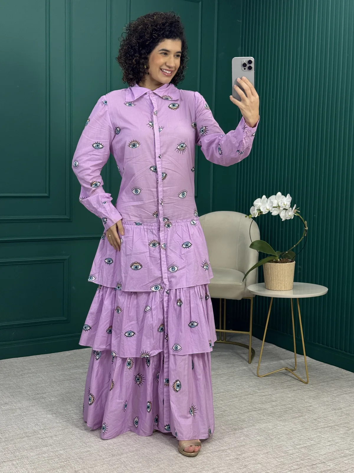 Vestido Longo Chemise Lilás 100% Algodão Estampa Olhos - Anne Fernandes