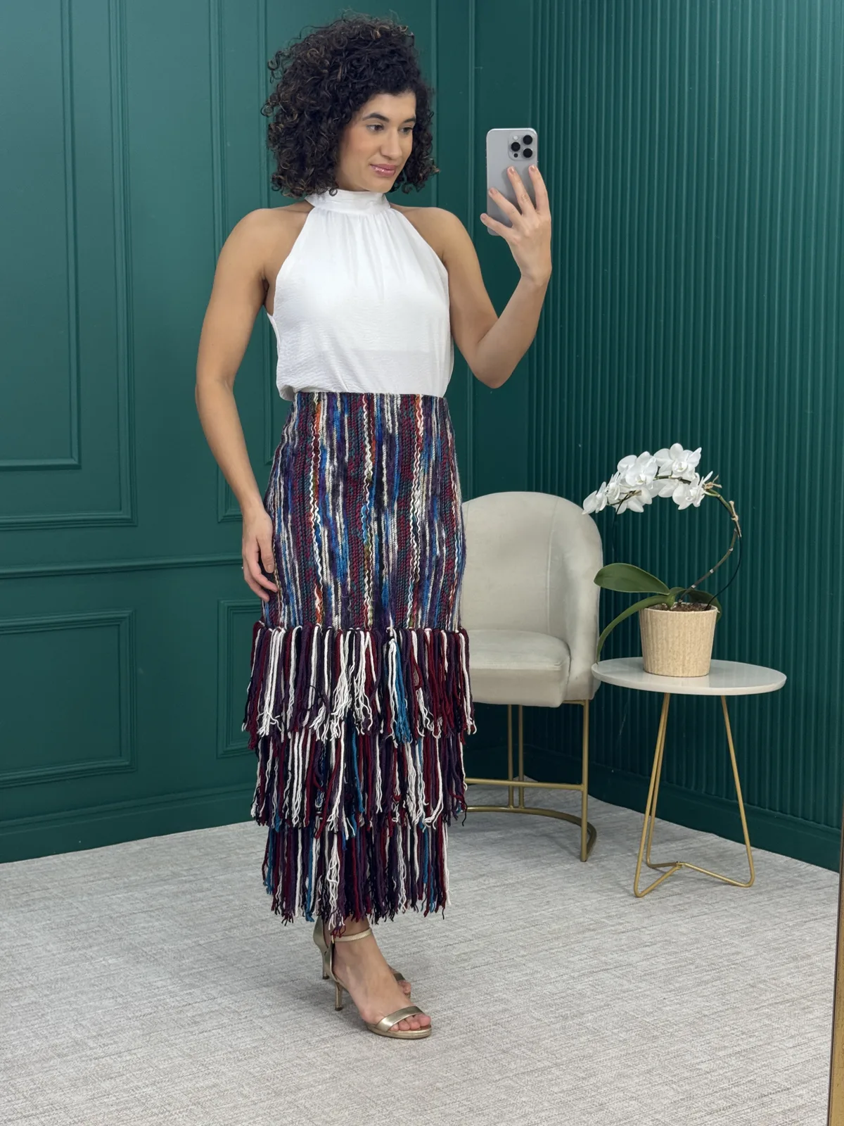 Saia Midi em Tricô Multicolorida com Franjas - Chuá