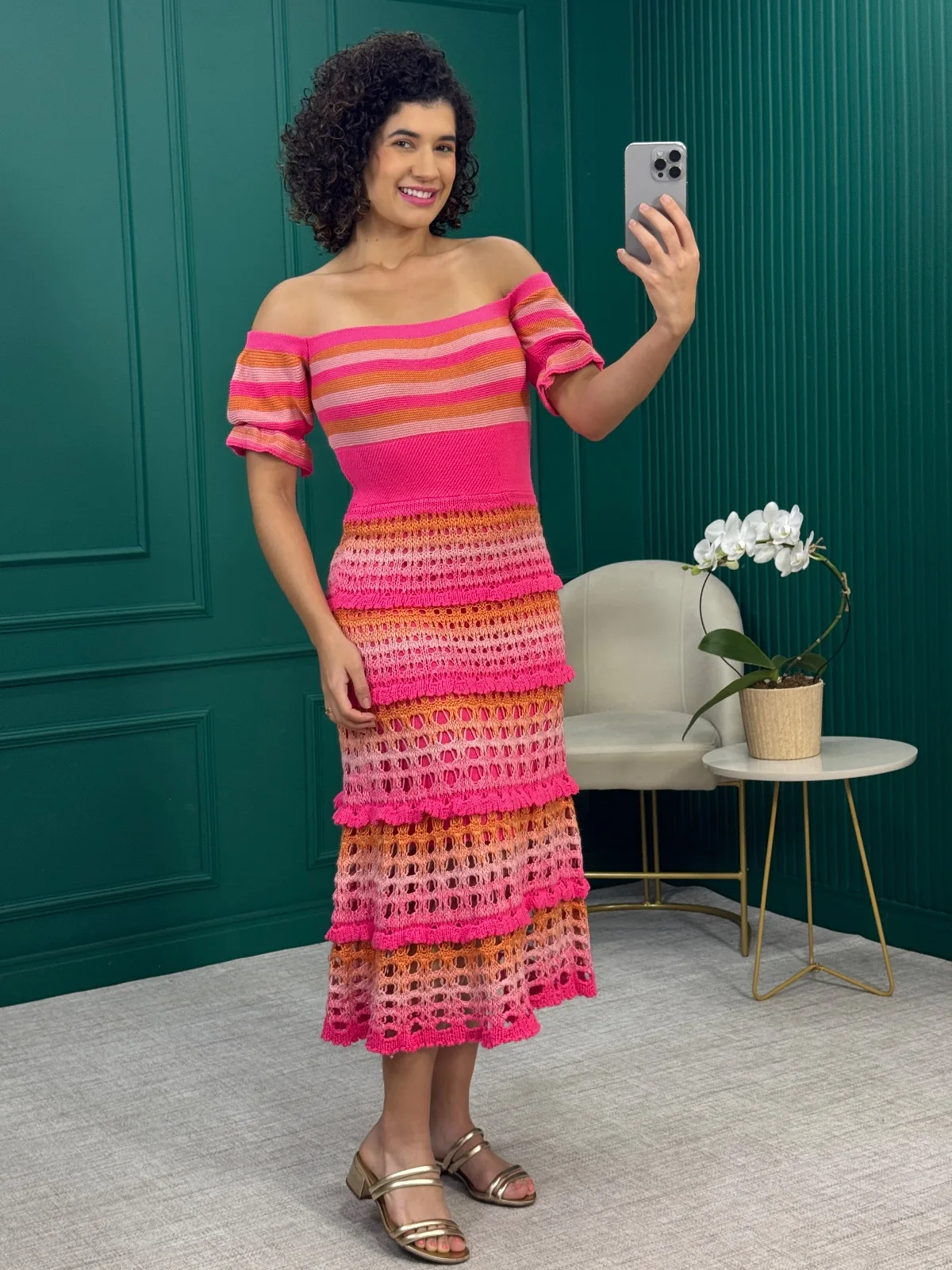 Vestido Midi Rosa e Laranja em Tricô - Ademar malhas