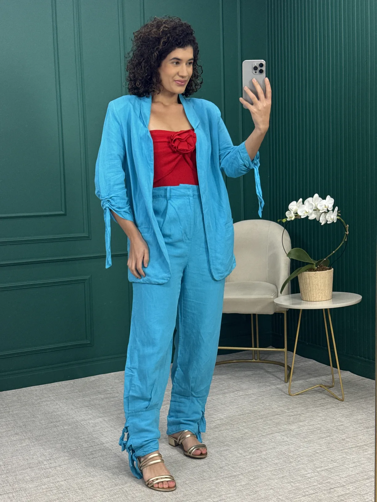 Conjunto Blazer e Calça com Amarração Azul Turquesa - Colcci