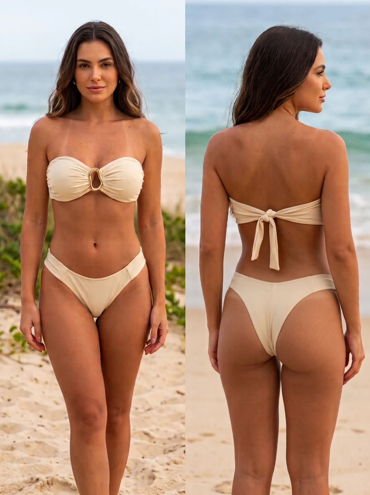Conjunto Biquíni Bege em Poliamida com Fivela Dourada - Byonda
