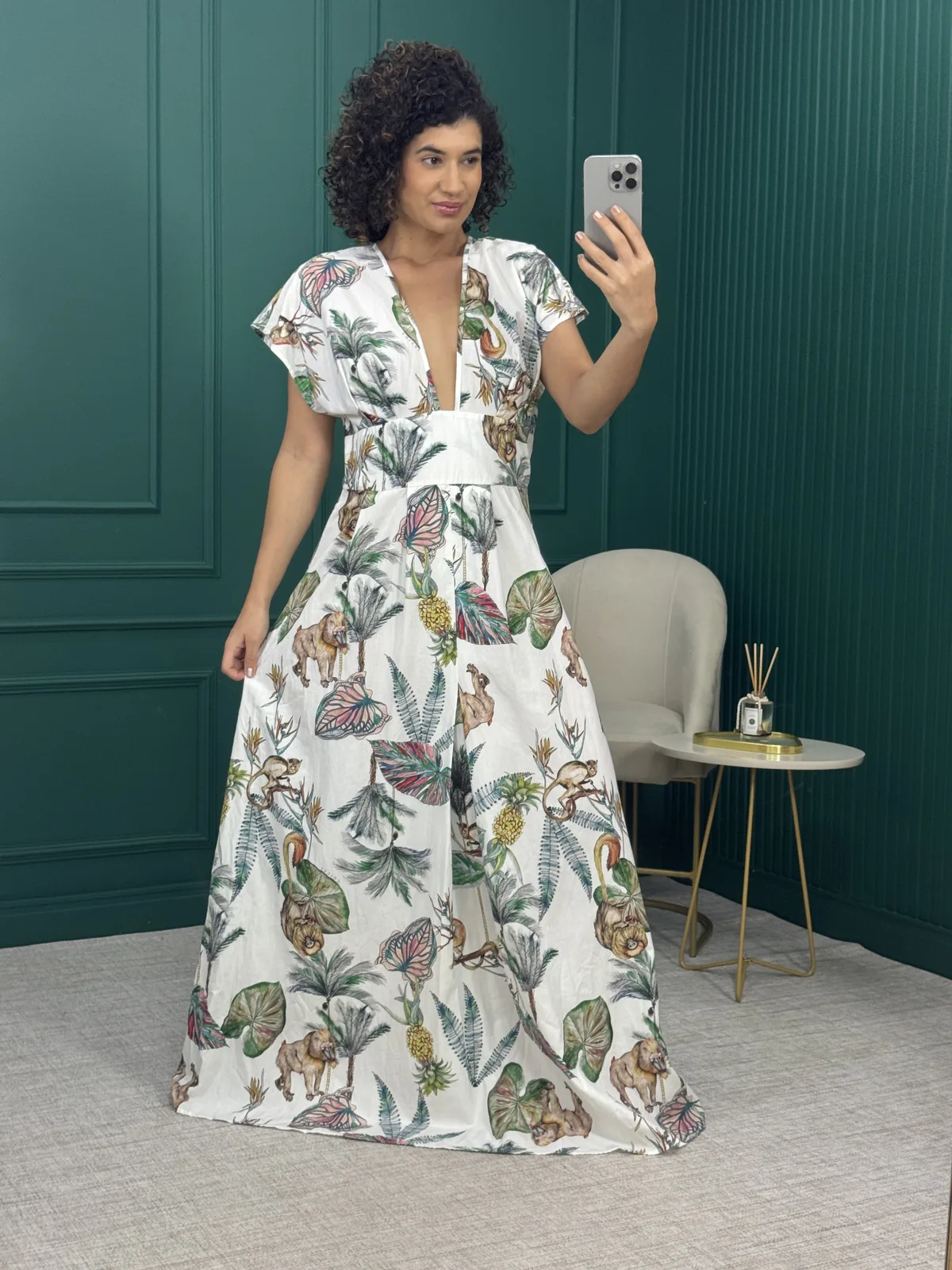 Vestido Longo Estampado 100% Algodão com Decote Profundo - Colcci