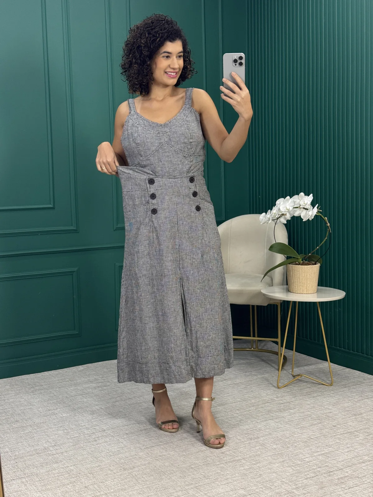 Conjunto Cropped e Saia Midi Xadrez Vichy em Linho com Liocel - Vanessa Madsen