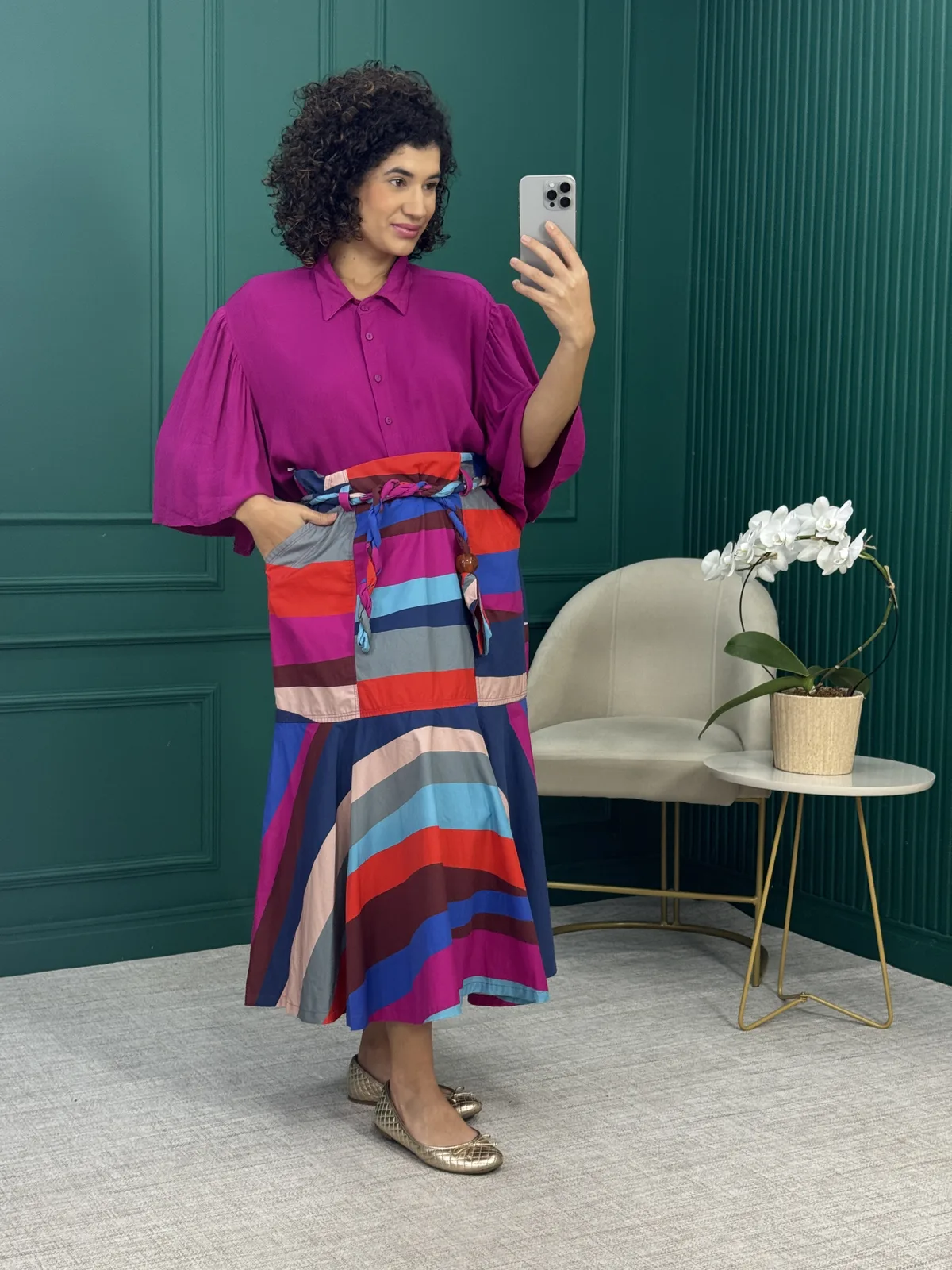Saia Midi Listrada Multicolorida em Algodão com Cinto - Eva