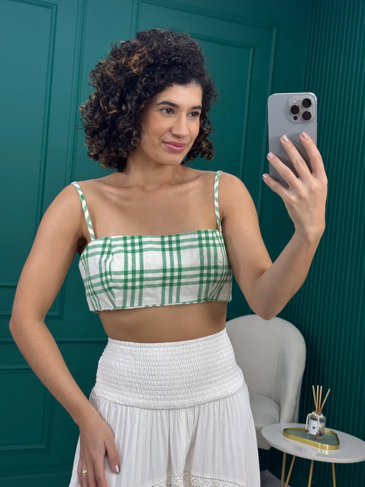 Cropped Xadrez Vichy Verde e Branco com Zíper - Colcci