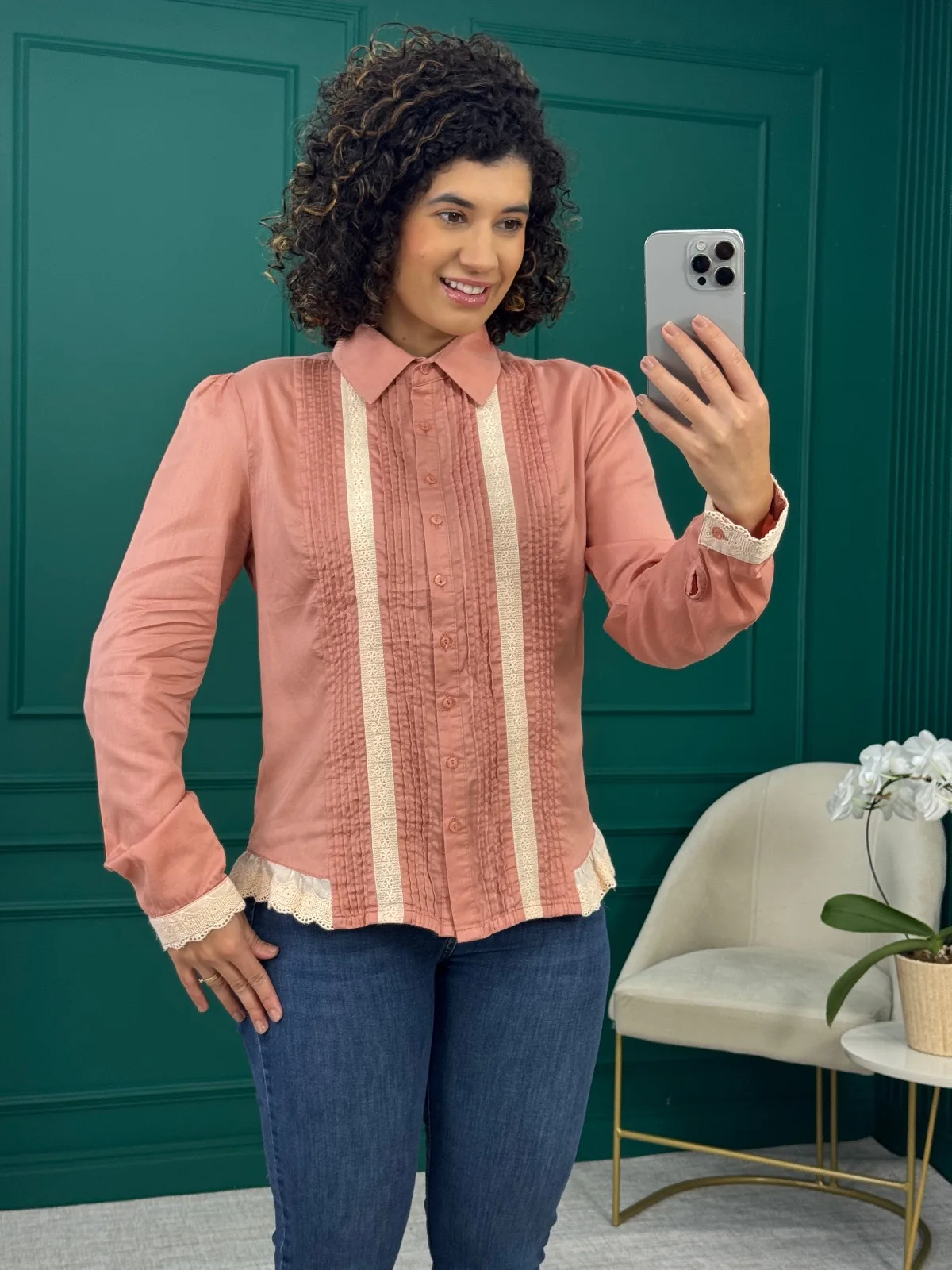 Camisa Manga Longa Rosé com Entremeio em Renda - NP fashion