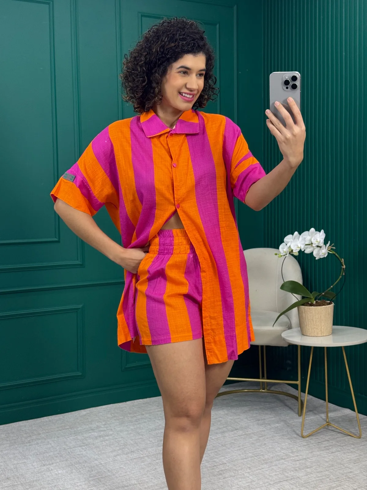 Conjunto Shorts Box e Camisa Alongada Listrada Laranja e Rosa em Algodão - Lua Luá