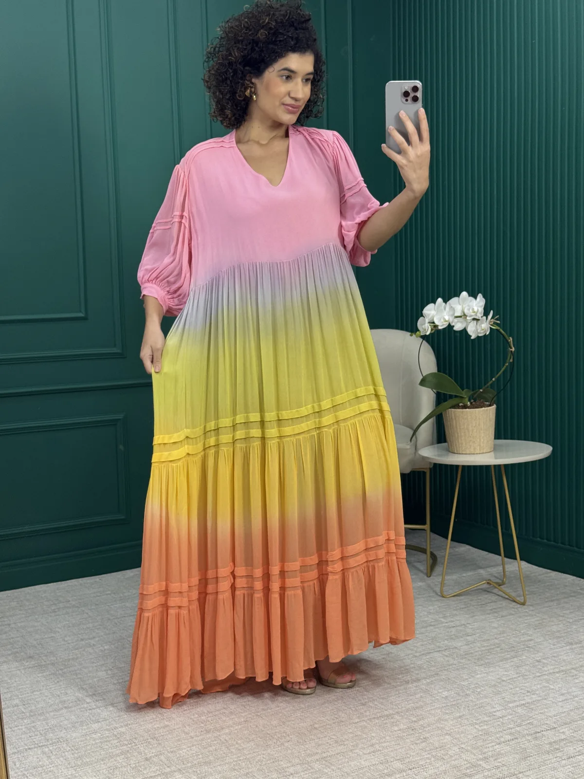 Vestido Longo em Crepe Degradê Três Marias com Manga 3/4 - TIG