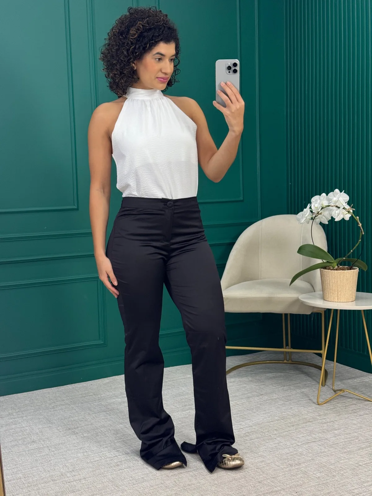 Calça Preta Acetinada Reta - Mini Moni