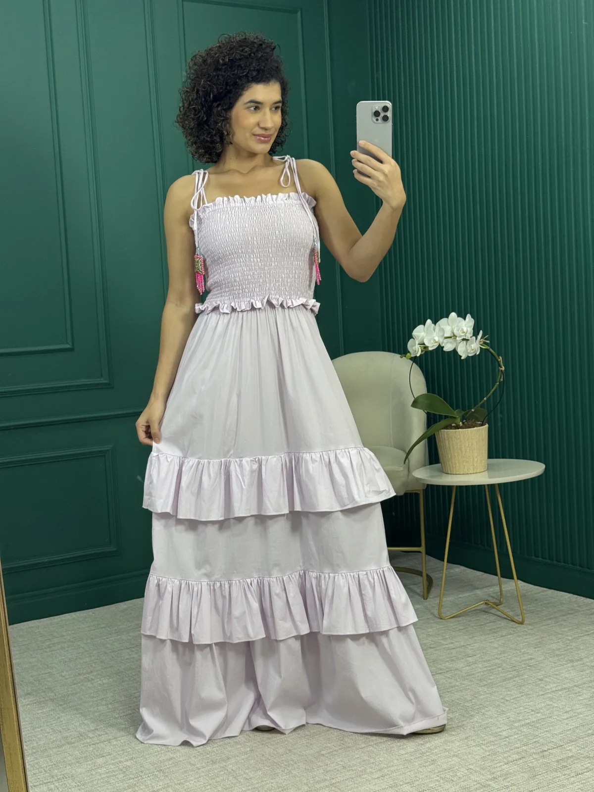 Vestido Longo Lilás com Lastex e Babados - Anne Fernandes