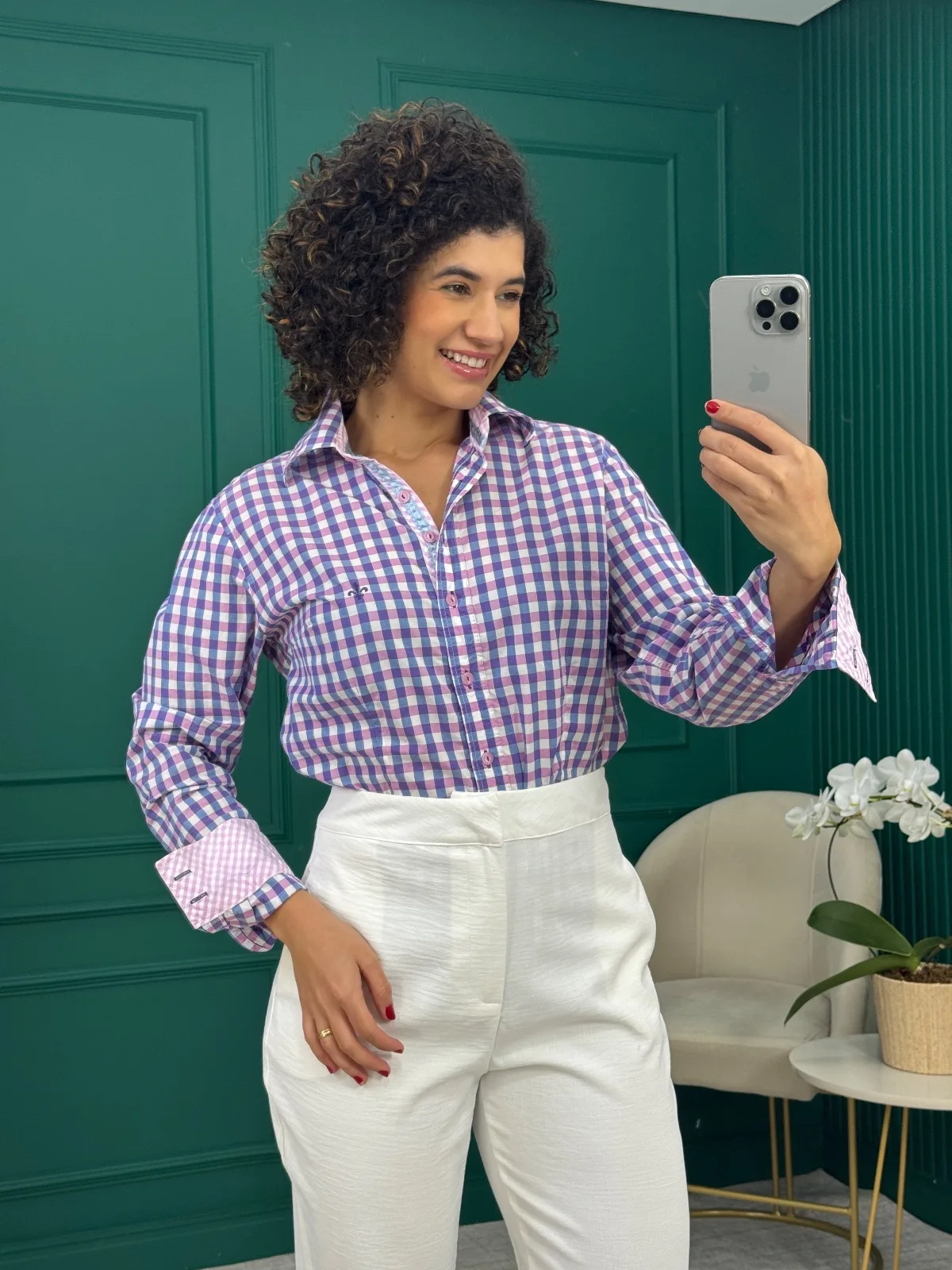 Camisa Rosa e Azul 100% Algodão Xadrez Vichy - Dudalina