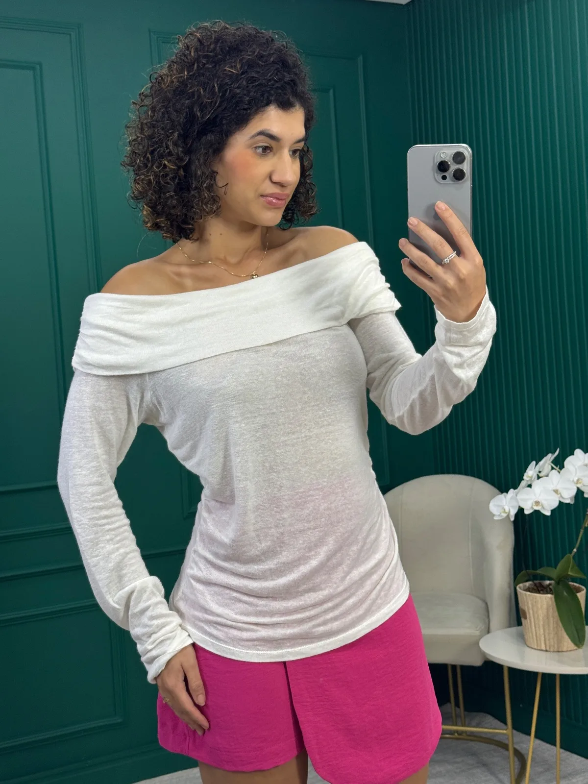 Blusa Ombro a Ombro Fio Off White em Viscolinho - Mini Moni