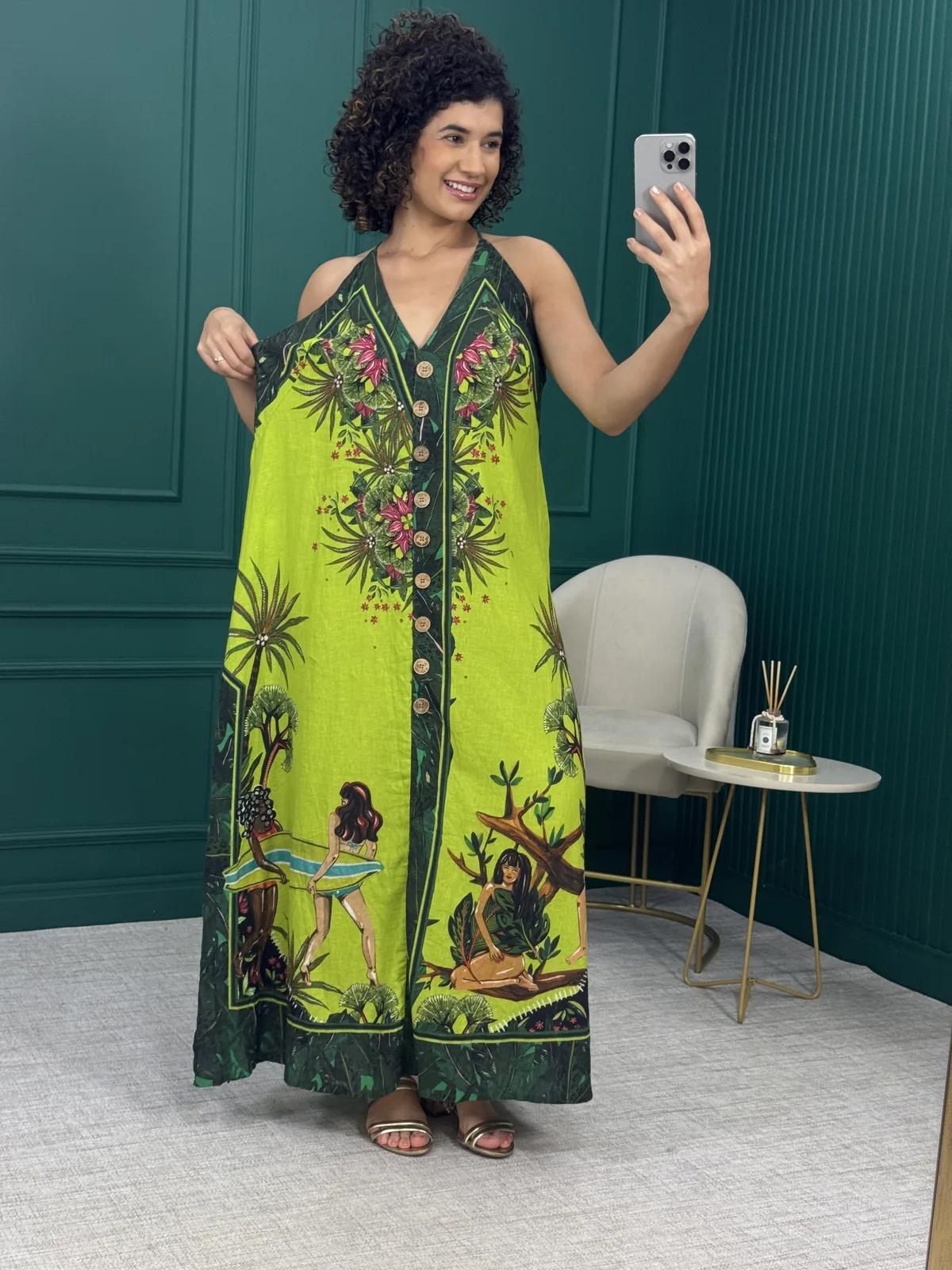 Vestido Longo Verde Estampa Tropical em Viscolinho - Colcci