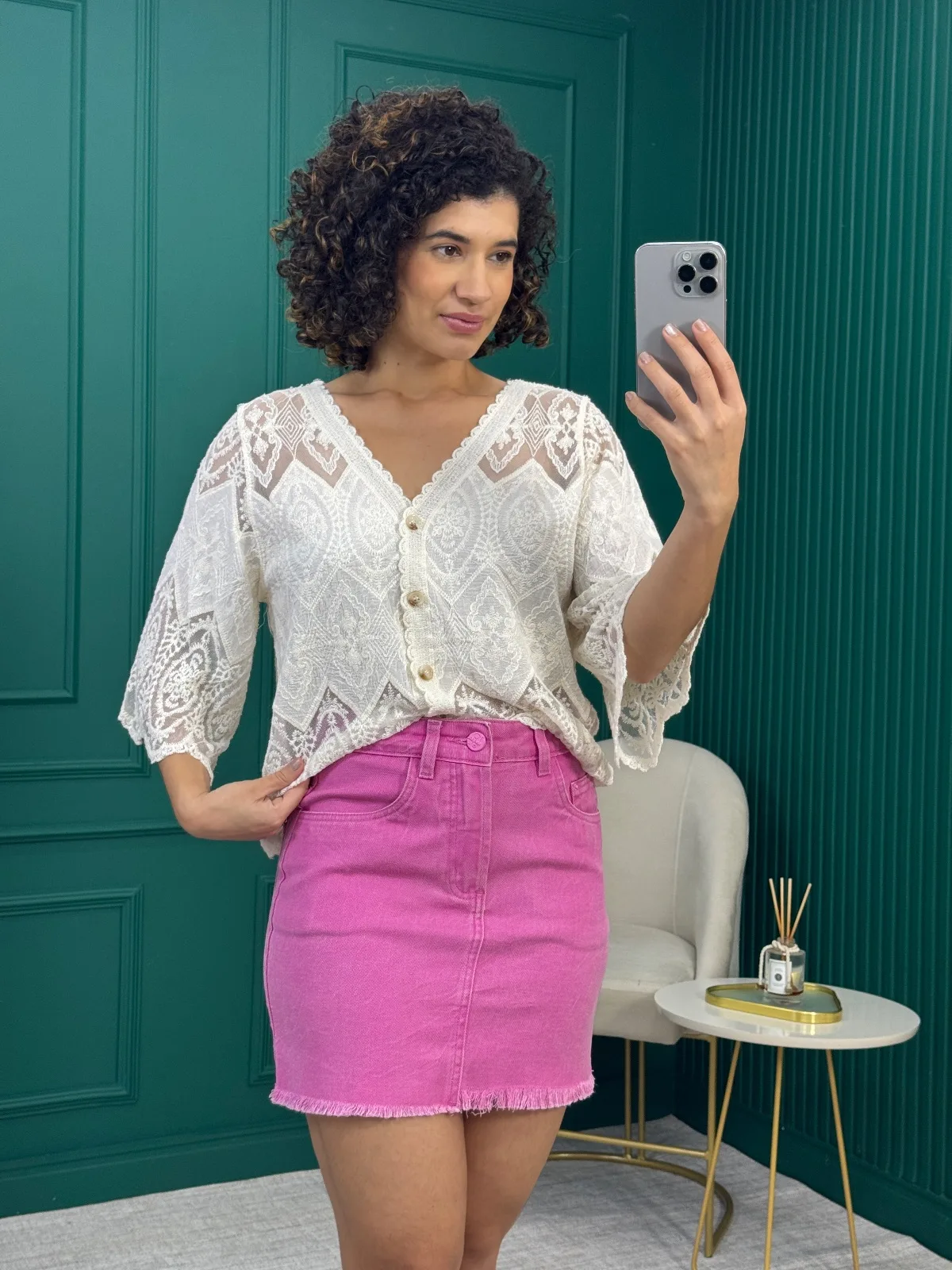 Saia Jeans Rosa 100% algodão com Barra Desfiada - Ziann