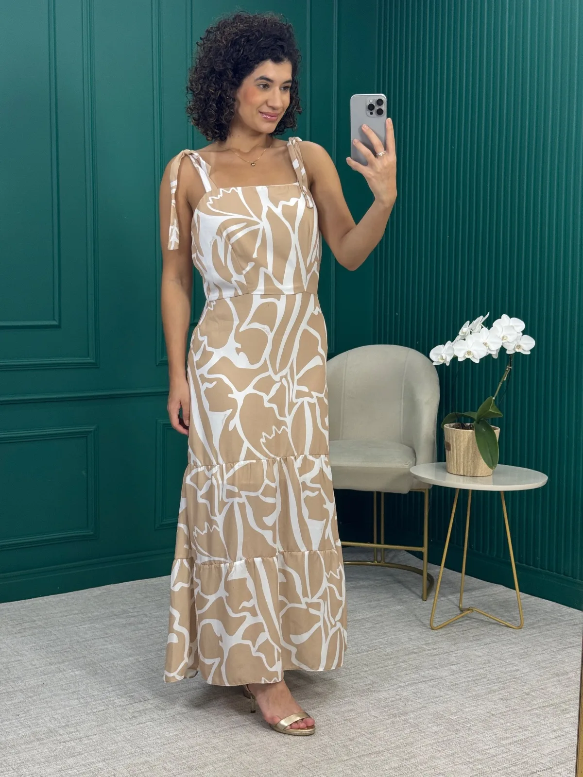Vestido Longuete Bege Estampado com Forro - Bana Bana